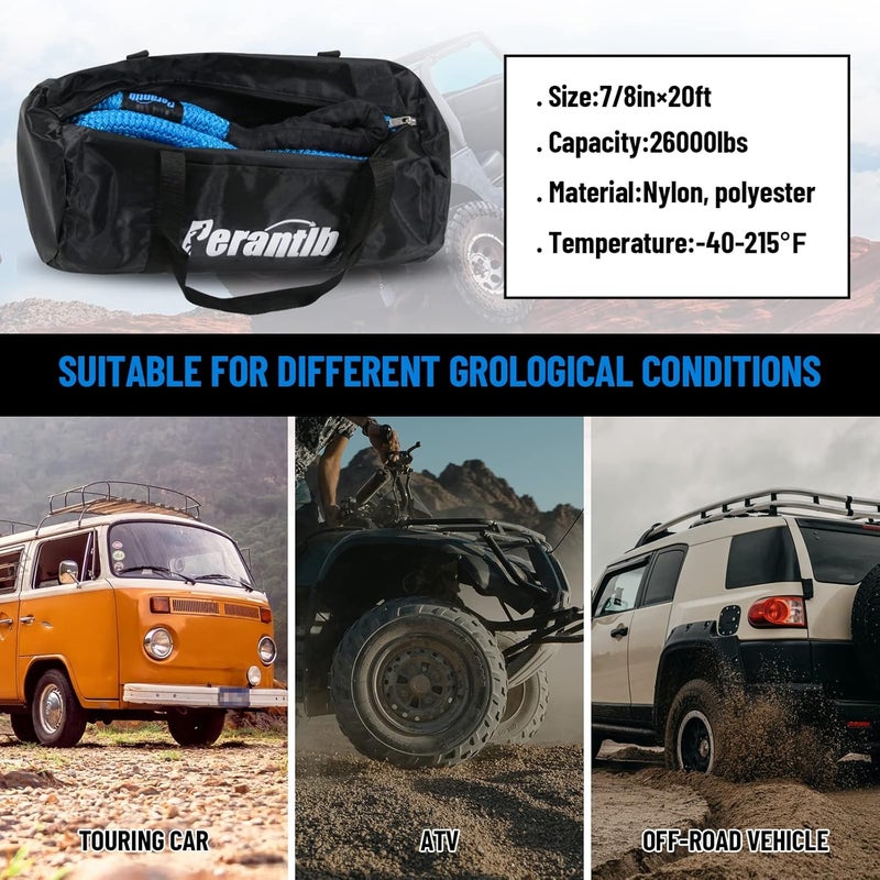 Perantlb Kinetic Recovery Rope7/8 x 20ft(26000lbs),Nylon Double Braided Recovery Tow Rope,Heavy-Duty Vehicle Kinetic Rope for Truck ATV UTV SUV… - Image 2